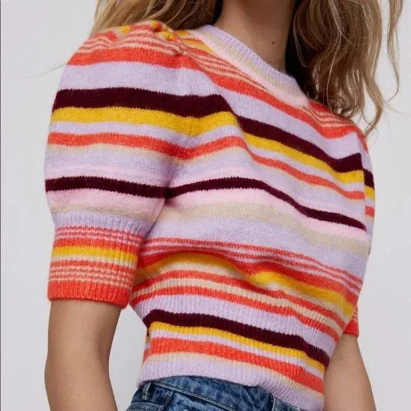 Zara Orange and Purple Crew Neck Sweater with Retro Stripes